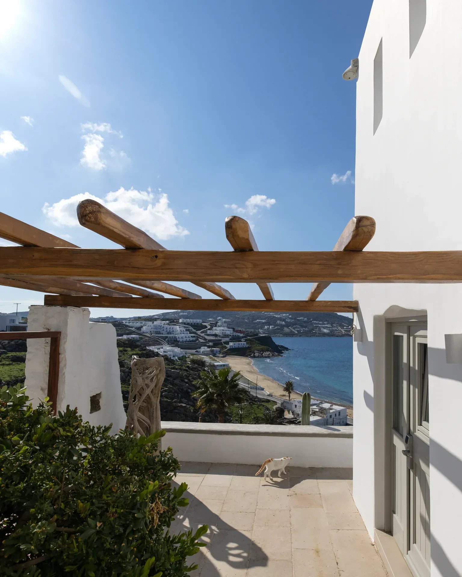 Timber pergola beams against the sky, with the bay below