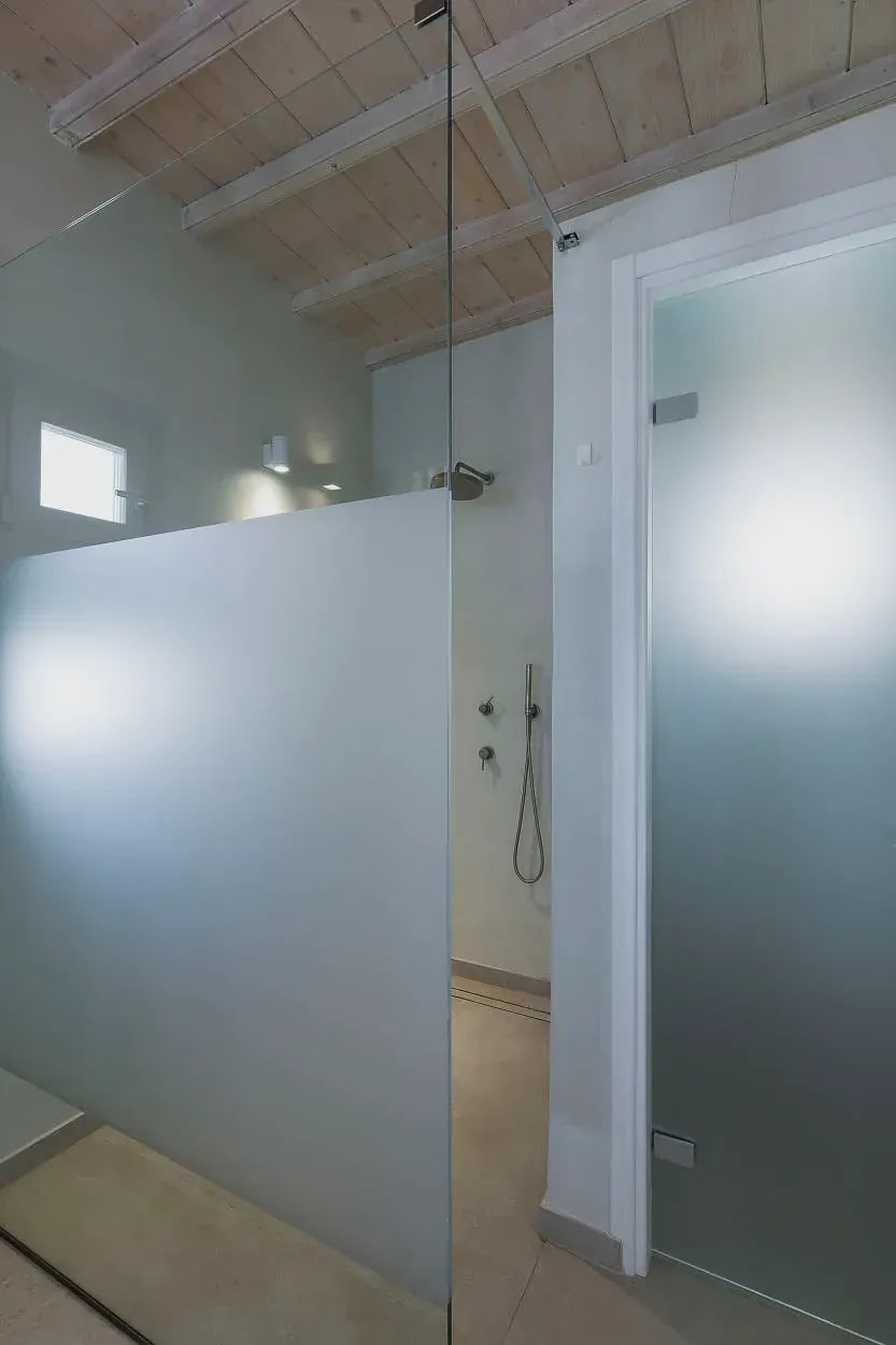 Walk-in shower behind frosted glass in the Deluxe Plus Suite
