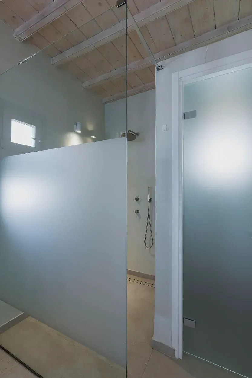 Walk-in shower behind frosted glass in the Deluxe Plus Suite